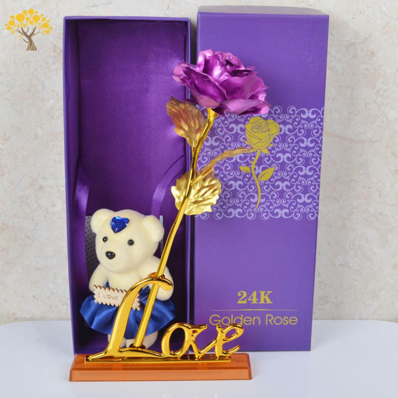 [Cheap] Gold Plated Rose with Love Base Bear Doll Kit Valentine Mother's Day Gift