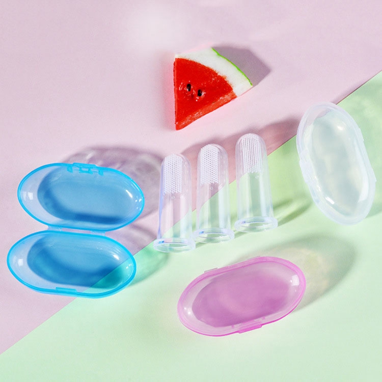 Bàn chải đánh răng đeo ngón tay cái bằng silicone an toàn dành cho trẻ em từ 6-18 tháng tuổi có hộp đựng