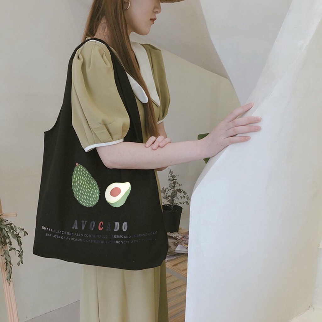 Túi tote Hazin túi vải canvas nữ hoạ tiết quả bơ đựng vừa laptop cỡ lớn đeo vai phong cách ulzzang