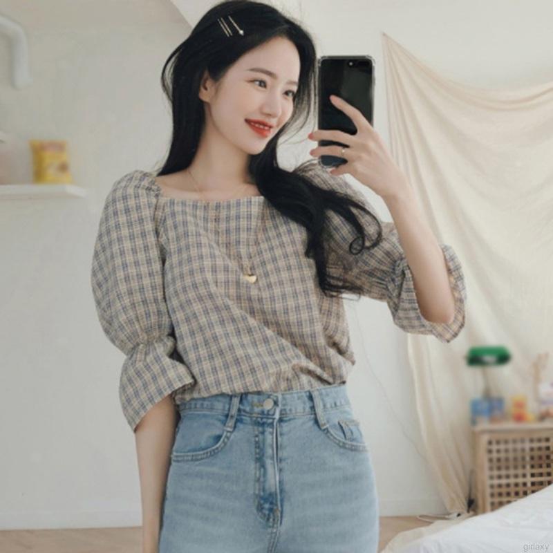 Áo Kiểu Tay Lỡ Cổ Vuông Họa Tiết Sọc Caro Phong Cách Hàn Quốc | BigBuy360 - bigbuy360.vn