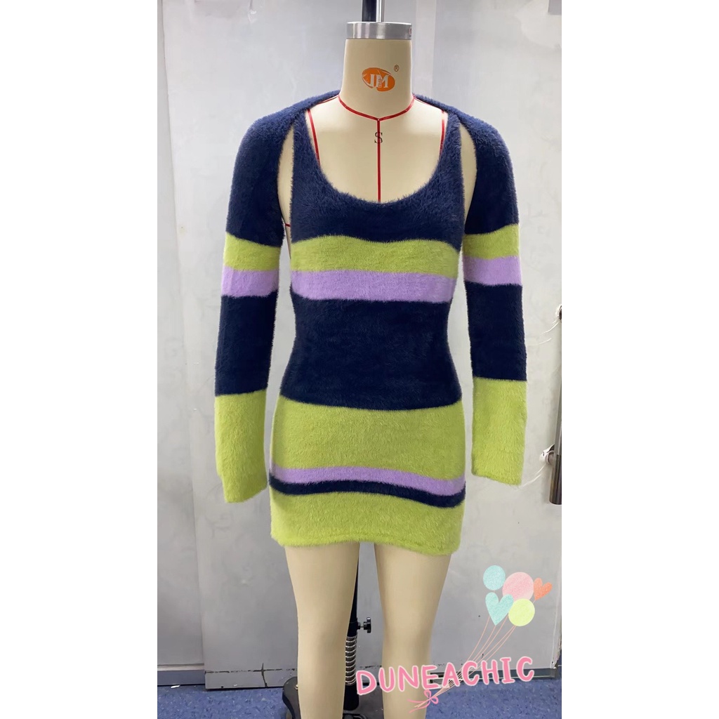 DUNEA Đầm Dệt Kim Trễ Vai Màu Sắc Tương Phản Thời Trang Quyến Rũ Cho Nữ