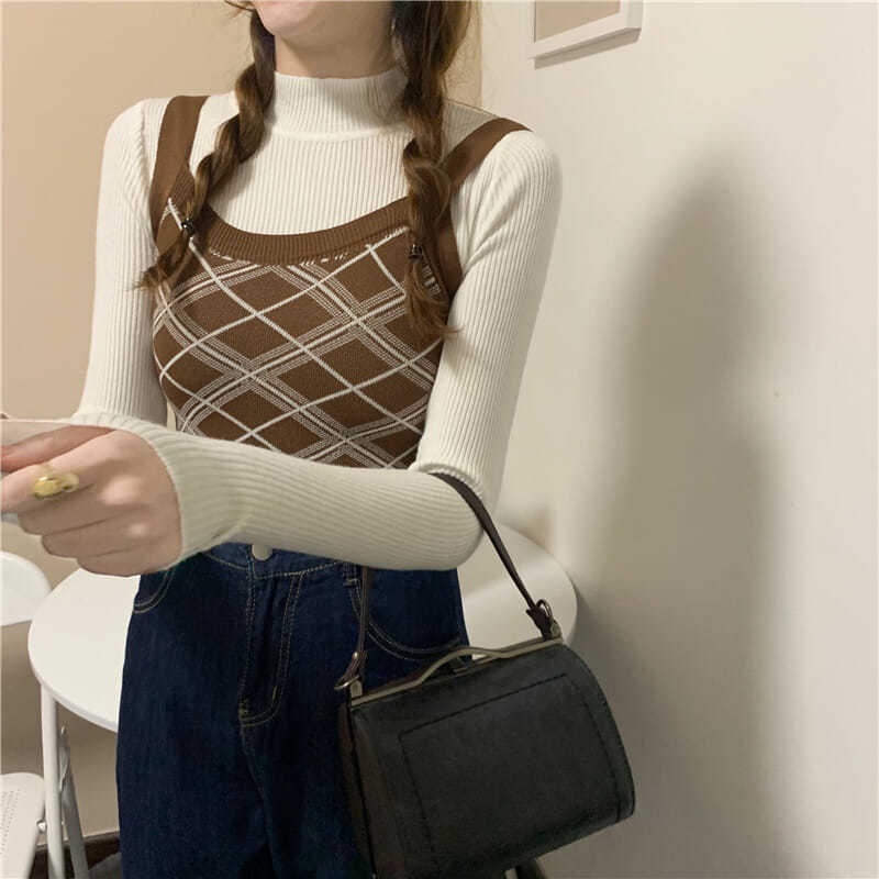 Mới Áo hai dây dệt kim dáng ôm kẻ sọc caro đính đá dễ phối đồ | BigBuy360 - bigbuy360.vn