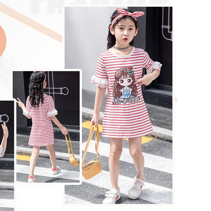 Váy bé gái kẻ ngang đính hình cô gái xinh xắn size 15-32kg VH25