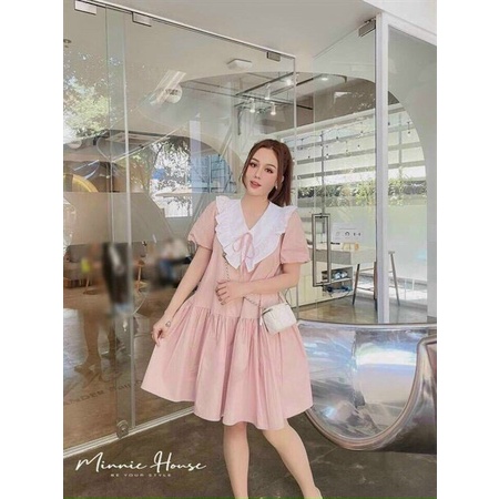 ( MIỄN PHÍ SHIP 2022) Đầm babydoll màu hồng phấn, đầm hồng tay ngắn phối cổ trắng bèo cột dây tiểu thư dễ thương