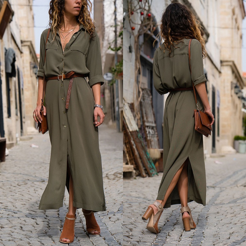 Đầm Sơ Mi Maxi Màu Trơn Dáng Dài Xẻ Tà Cài Khuy Thời Trang Cho Nữ