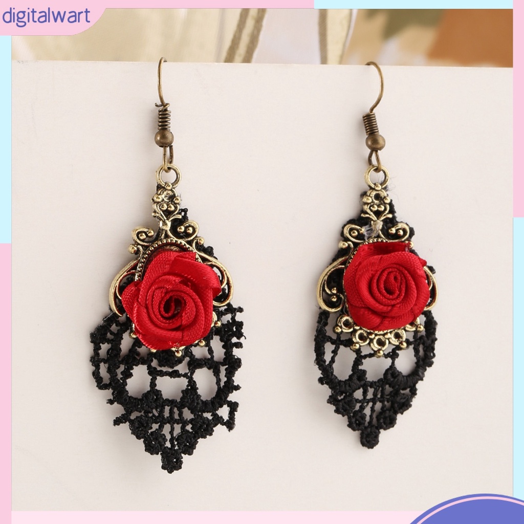 Cặp khuyên tai dáng dài phối ren đính hoa hồng sang trọng thanh lịch dành cho nữ