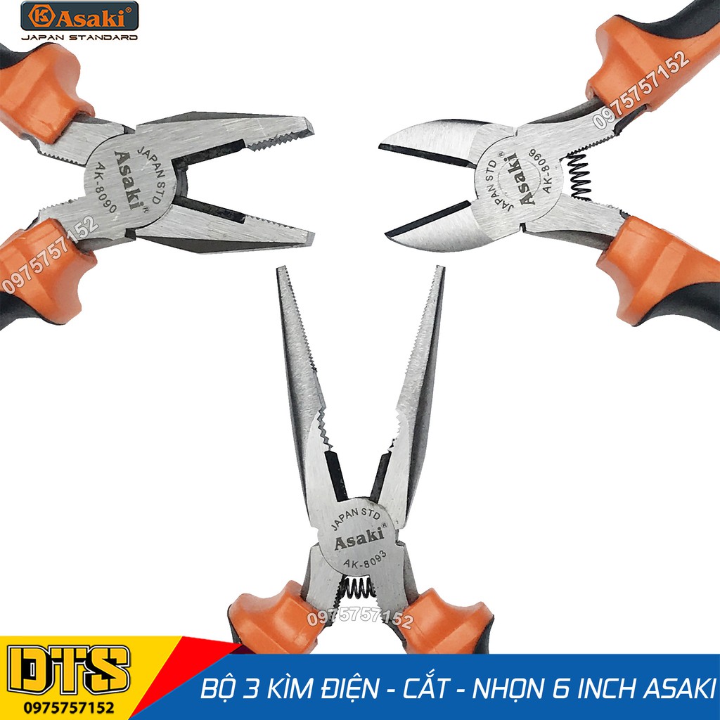 Bộ 3 kìm điện - kìm cắt - kìm nhọn kiểu Mỹ Asaki A+cut Tech 6 inch/ 150mm, thép High Carbon độ cứng cao