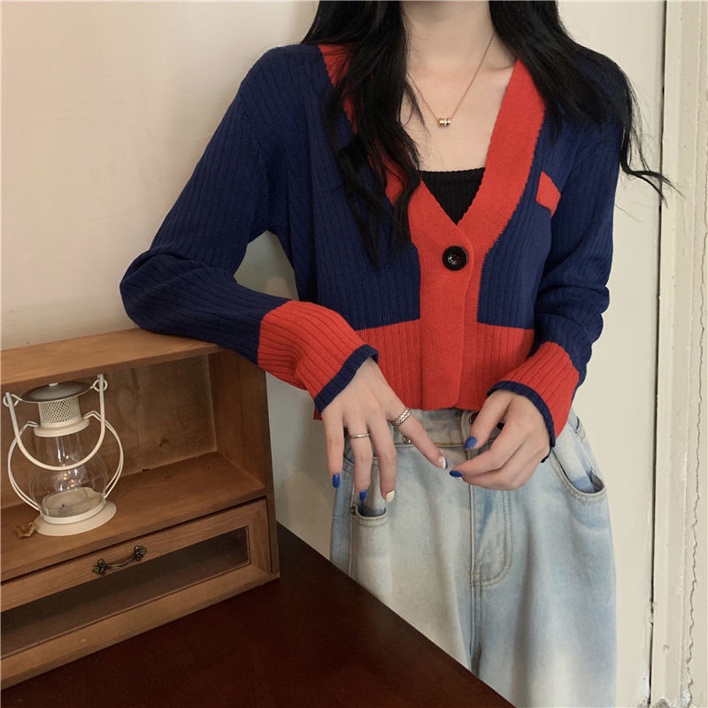 Áo Khoác Cardigan Dệt Kim Tay Dài Màu Sắc Tương Phản Phong Cách Retro Dành Cho Nữ