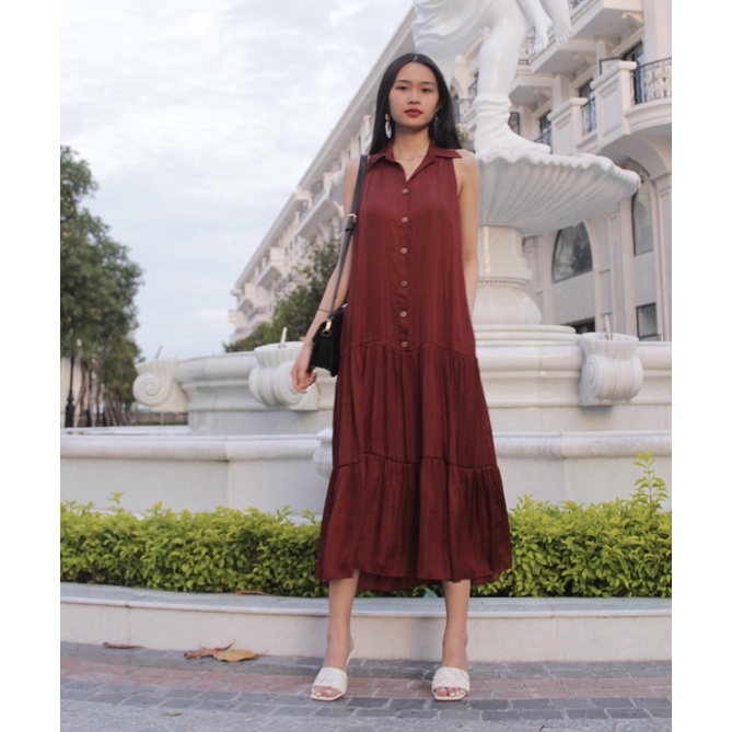 Đầm sơ mi nữ - Thiết kế sát nách tùng váy tầng xoè