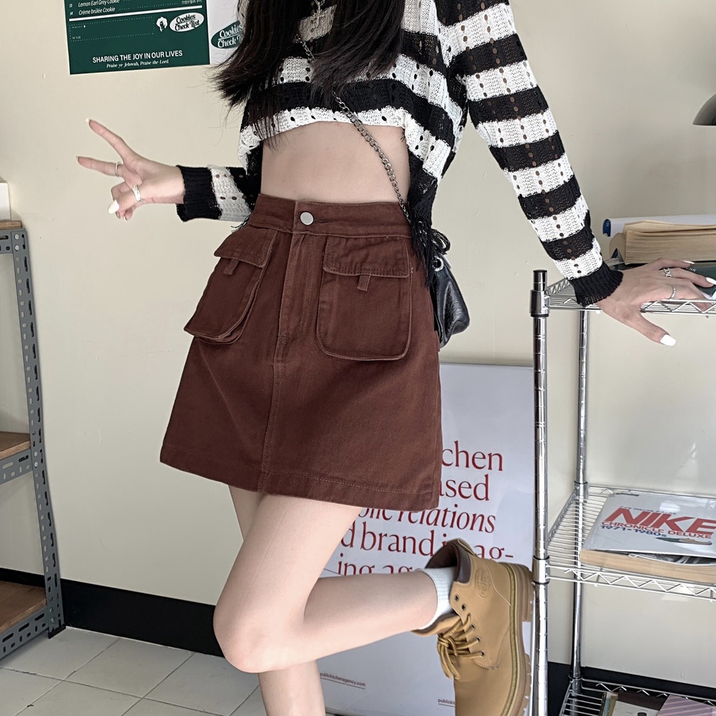 Chân váy kaki túi hộp dáng ngắn chữ A lưng cao có quần trong phong cách Hàn Quốc A7