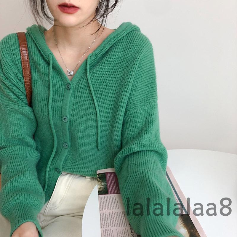 Áo khoác cardigan dệt kim có mũ trùm đầu dây rút tay dài màu trơn thời trang dành cho nữ