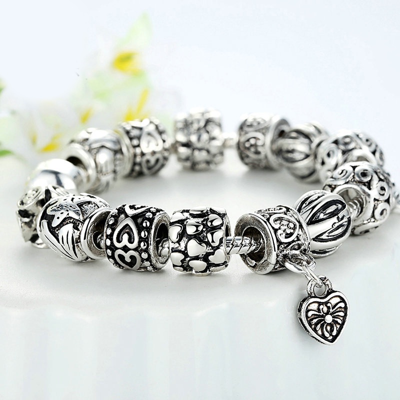 Vòng đeo tay BAMOER chuỗi hạt thủy tinh murano màu hồng và đen/ xanh dương thời trang