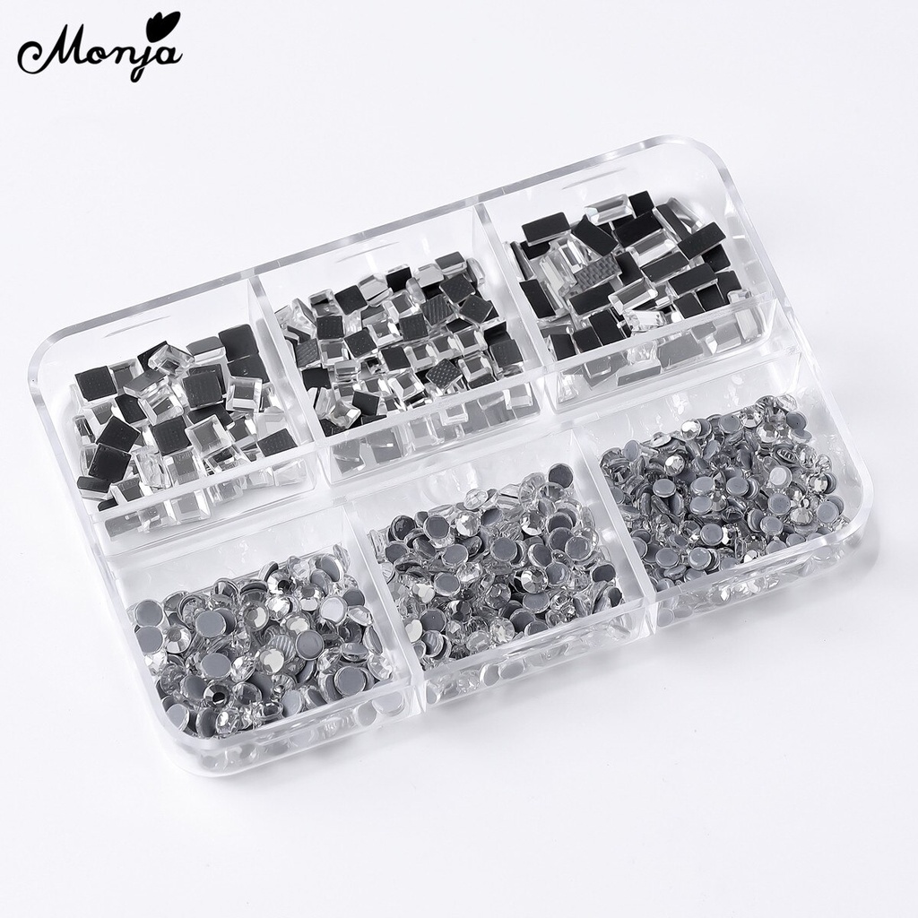 MONJA Hộp đá nhân tạo 6 ngăn 3D trong suốt trang trí móng tay nghệ thuật