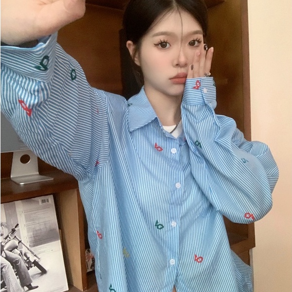 Áo sơ mi ZHELIHANGFEI tay dài chống nắng dáng rộng in họa tiết xinh xắn