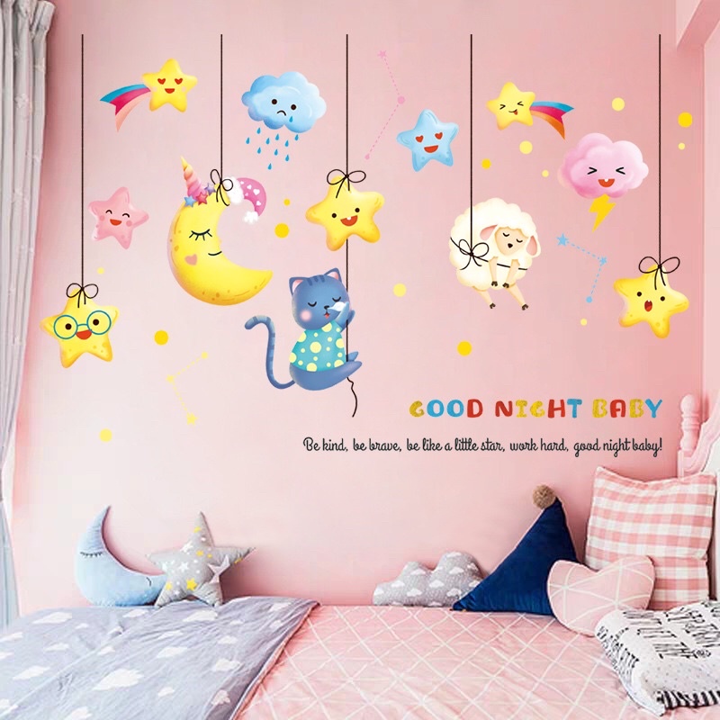 Decal dán tường cho bé thú nhổ củ cà rốt và trăng sao