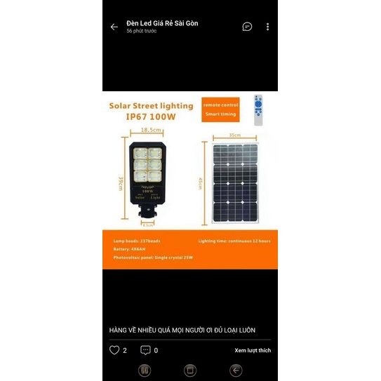 Đèn năng lượng mặt trời pin MoNo cao cấp 100W sáng như đèn điện chuyên đèn đường, sân vườn chống nước IP67