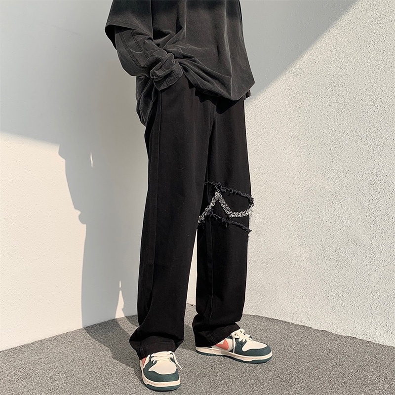 Quần jean ống suông Dáng Rộng Phối Dây Xích Phong Cách Hàn Quốc Cá Tính Cho Nam