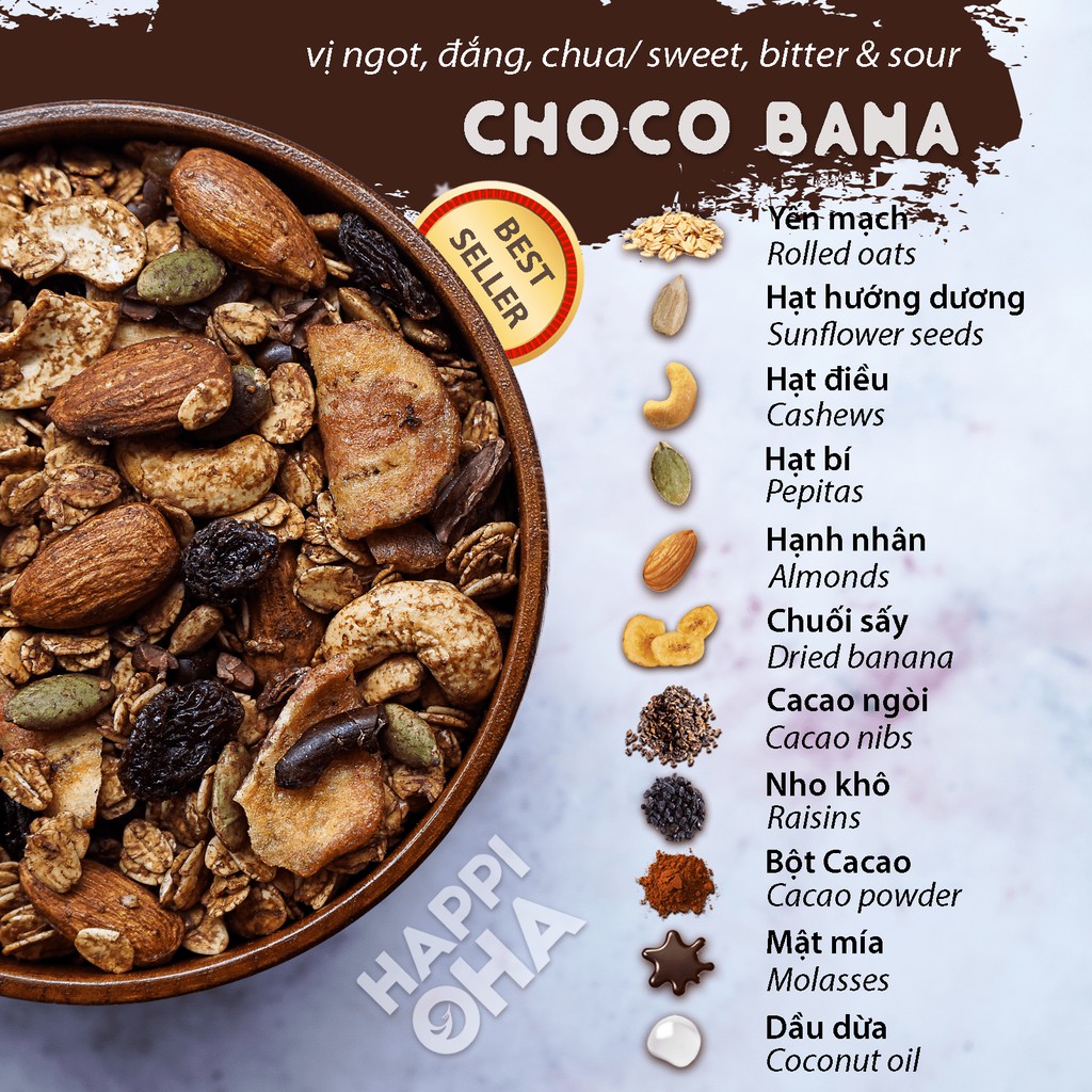 Ngũ Cốc Ăn Sáng/Ăn Kiêng Không Đường Tinh Luyện Vị Cacao Chuối 400g - Granola Choco Bana HAPPI OHA