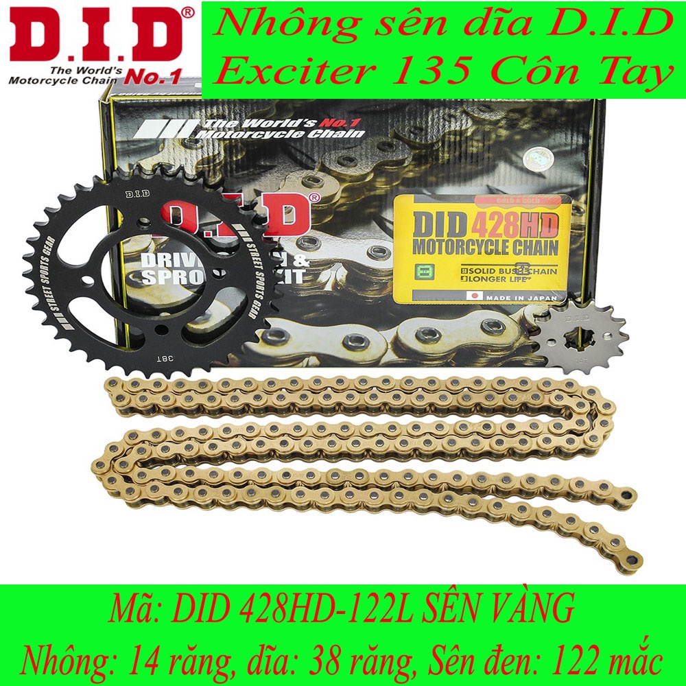 Nhông sên dĩa DID xe Exciter 135 (côn tay) sên vàng Nhật 428HD (sên 10 ly) - Chain Made in Japan