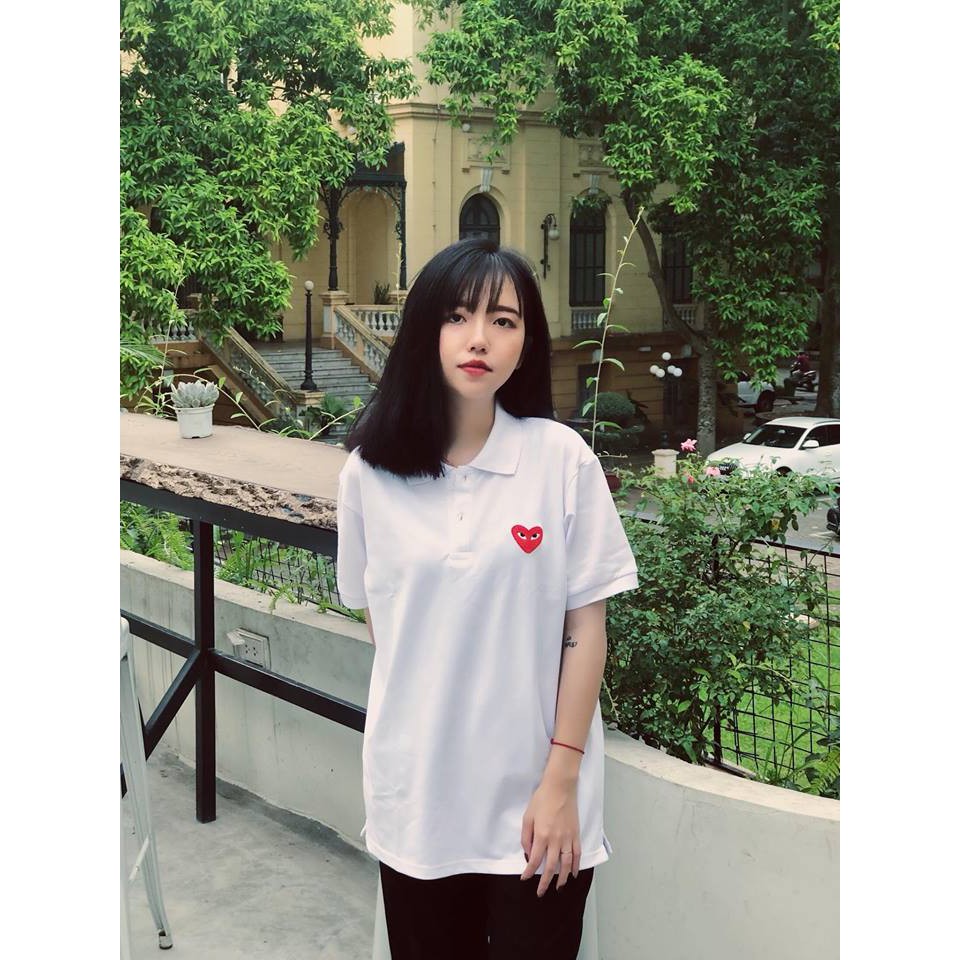 Áo thun trắng polo tim - CDG WHITE POLO SHIRT HEART UNISEX