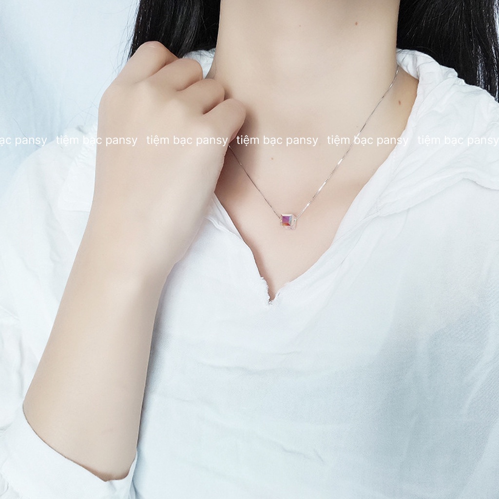Dây chuyền bạc nữ PANSY khối pha lê lập phương sang trọng, vòng cổ nữ bạc lấp lánh nhiều màu