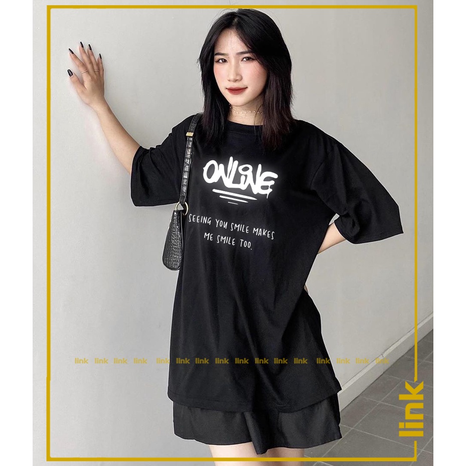 Áo tay lỡ ONLINE phản quang bạc dáng rộng unisex (Đen, Trắng)