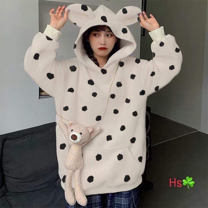 áo hoodie nỉ mũ tai gấu kèm gấu bông đeo chéo chấm bi chó đốm áo to rộng chùm Mông