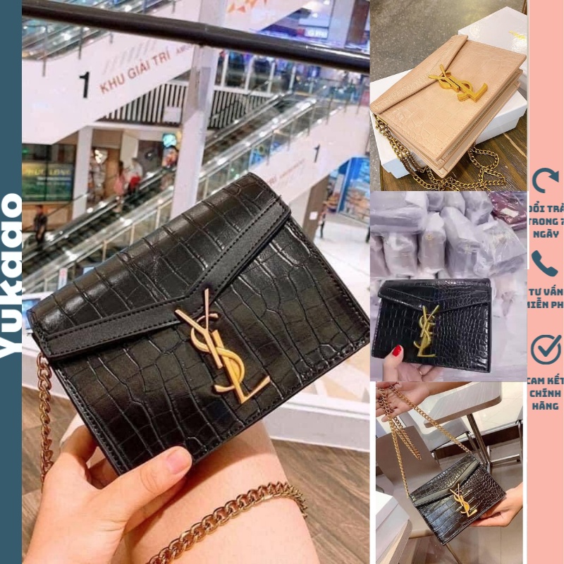 Túi xách nữ đeo chéo dây xích vàng cầm tay bì thư Y.S da sần khóa vàng Yukago T001N