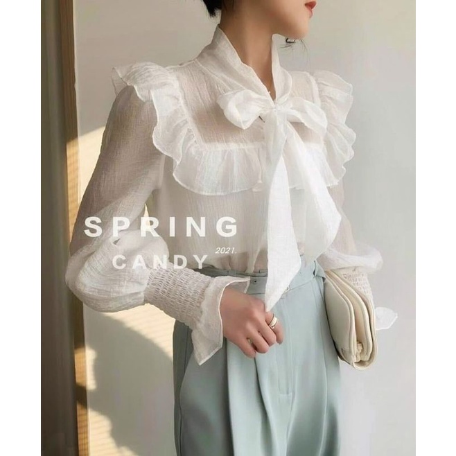 Áo sơmi kiểu trắng nữ có nơ ngực đường may kĩ cực đẹp cho các chị em