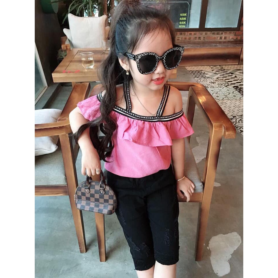 BỘ Áo đũi 2 dây + Quần kaki phối ren thời trang cho bé gái - b2dad