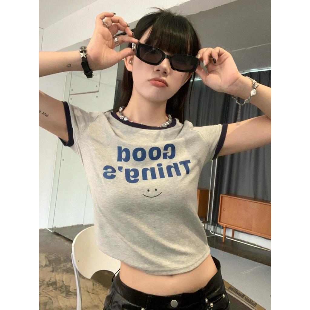 Áo Thun Cộc Tay Dáng Ôm In Chữ Màu Sắc Tương Phản Thời Trang Cho Nữ 62729