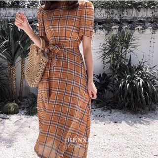 Đầm maxi caro cột nơ eo