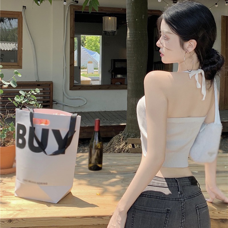 Áo Croptop Dệt Kim Cổ Yếm In Chữ Phong Cách Hàn Quốc Thời Trang Quyến Rũ Cho Nữ