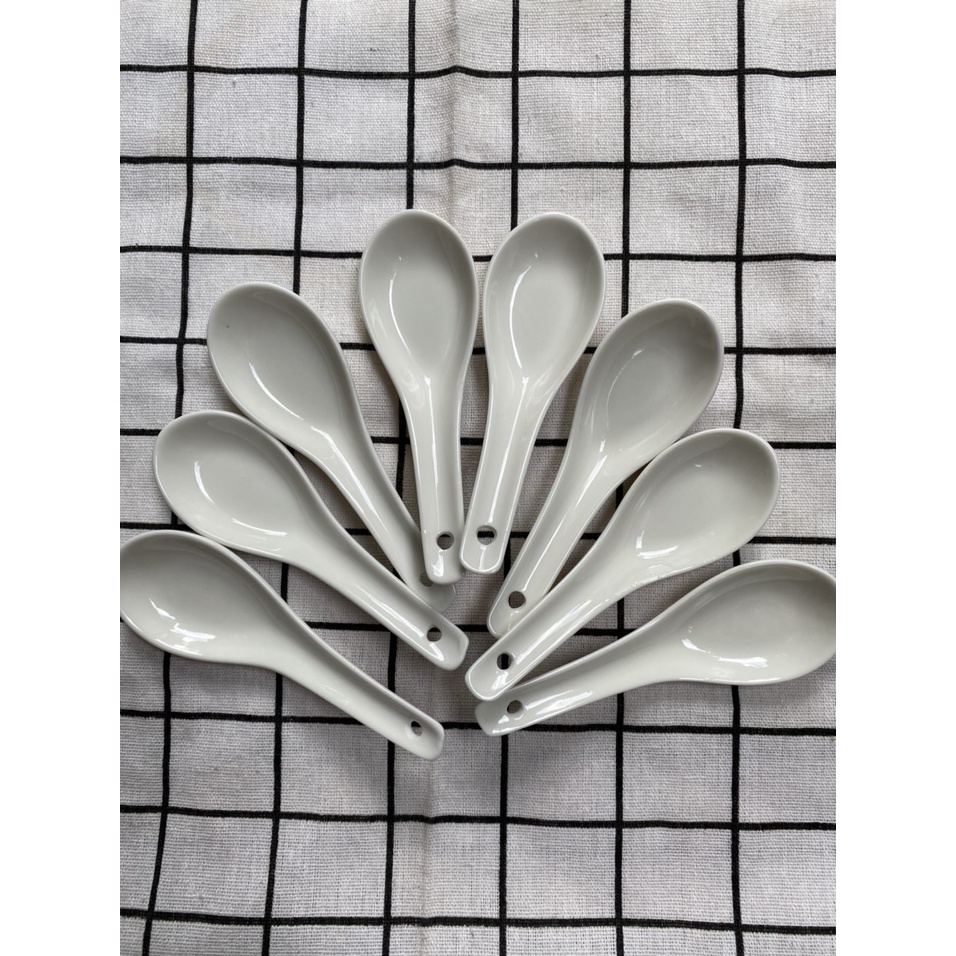 [Hộp 8c] Thìa Sứ Tráng Men Dùng Ăn Súp, Cháo, Ăn Cơm Kt: 13x4cm (ảnh thật)