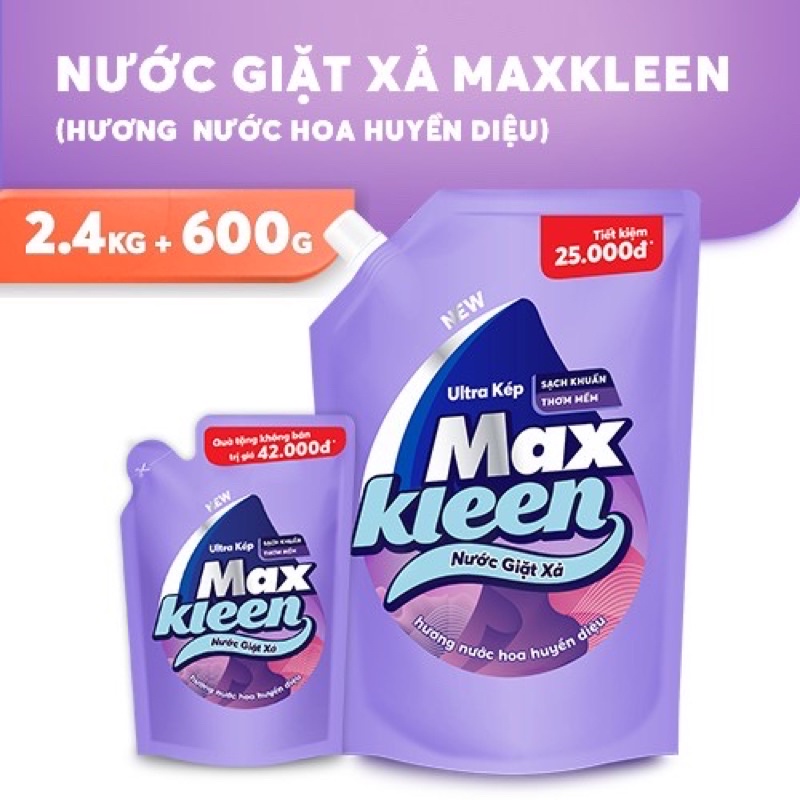 Nước Giặt Xả Max Kleen Hương Nước Hoa Huyền Diệu 2,4kg/Sớm mai/hoa nắng/cam xả -Thiên nhiên 2.2kg tặng túi 600g