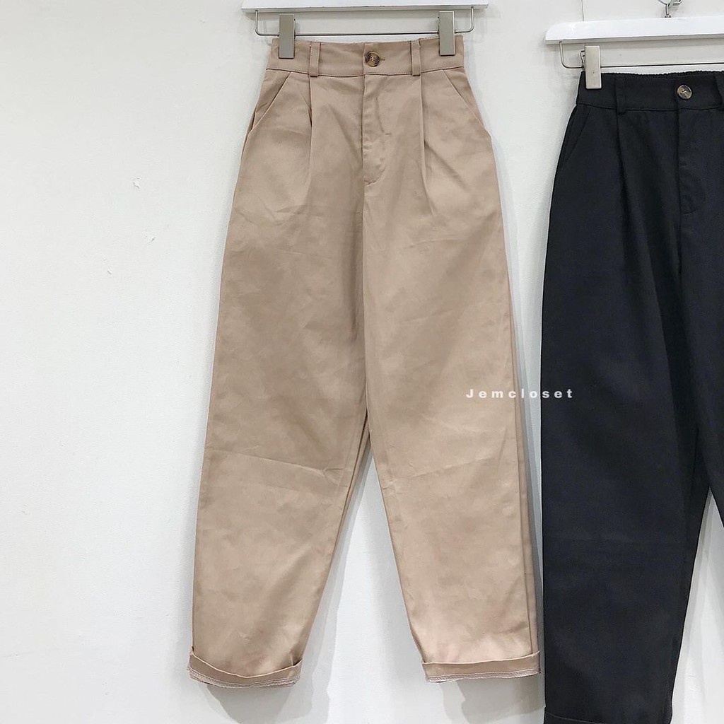 Quần Baggy Nữ Trơn Ống Suông Quần Kaki Cạp Cao Lưng Chun Co Giãn Trẻ Trung Năng Động NESE 3 Màu Đen Be Nâu 2681