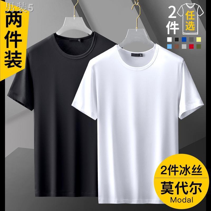 ✷Modal ice silk T-shirt nam ngắn tay mùa hè 2021 màu trắng tinh khôi áo sơ mi có đáy quần cỡ lớn nửa