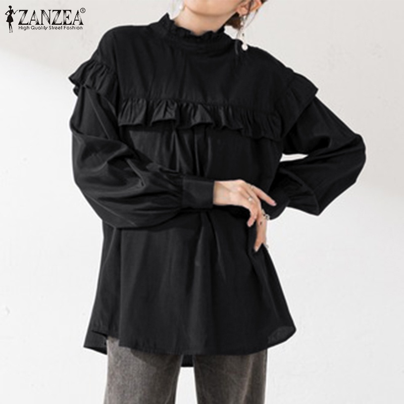 Áo kiểu ZANZEA đính nút tay phồng cổ tròn phối bèo màu trơn phong cách thường ngày retro cho nữ