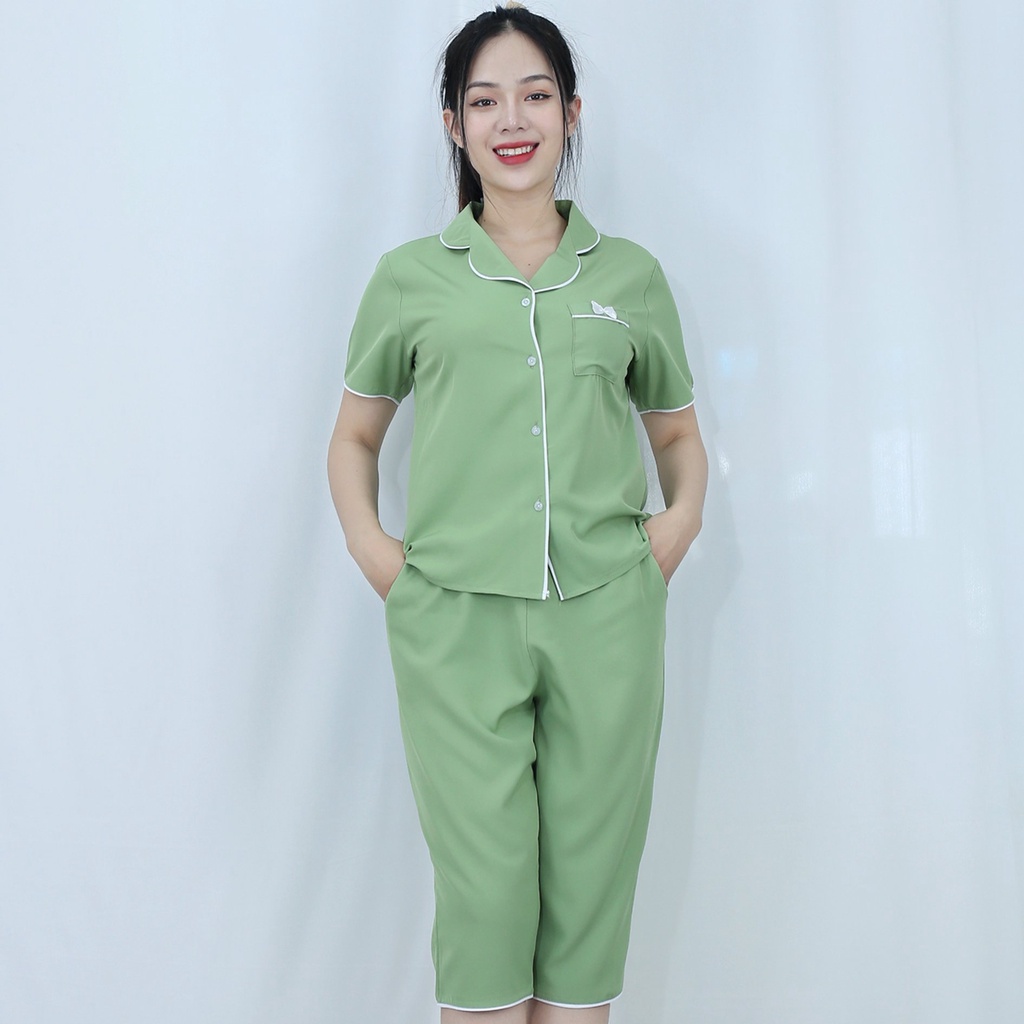 Bộ quần áo Pijama nữ XANH ĐẬU Ngắn Tay Quần Lửng vải  lụa cao cấp - Thoáng Mát Thoải Mái - Mặc là thích ngay !