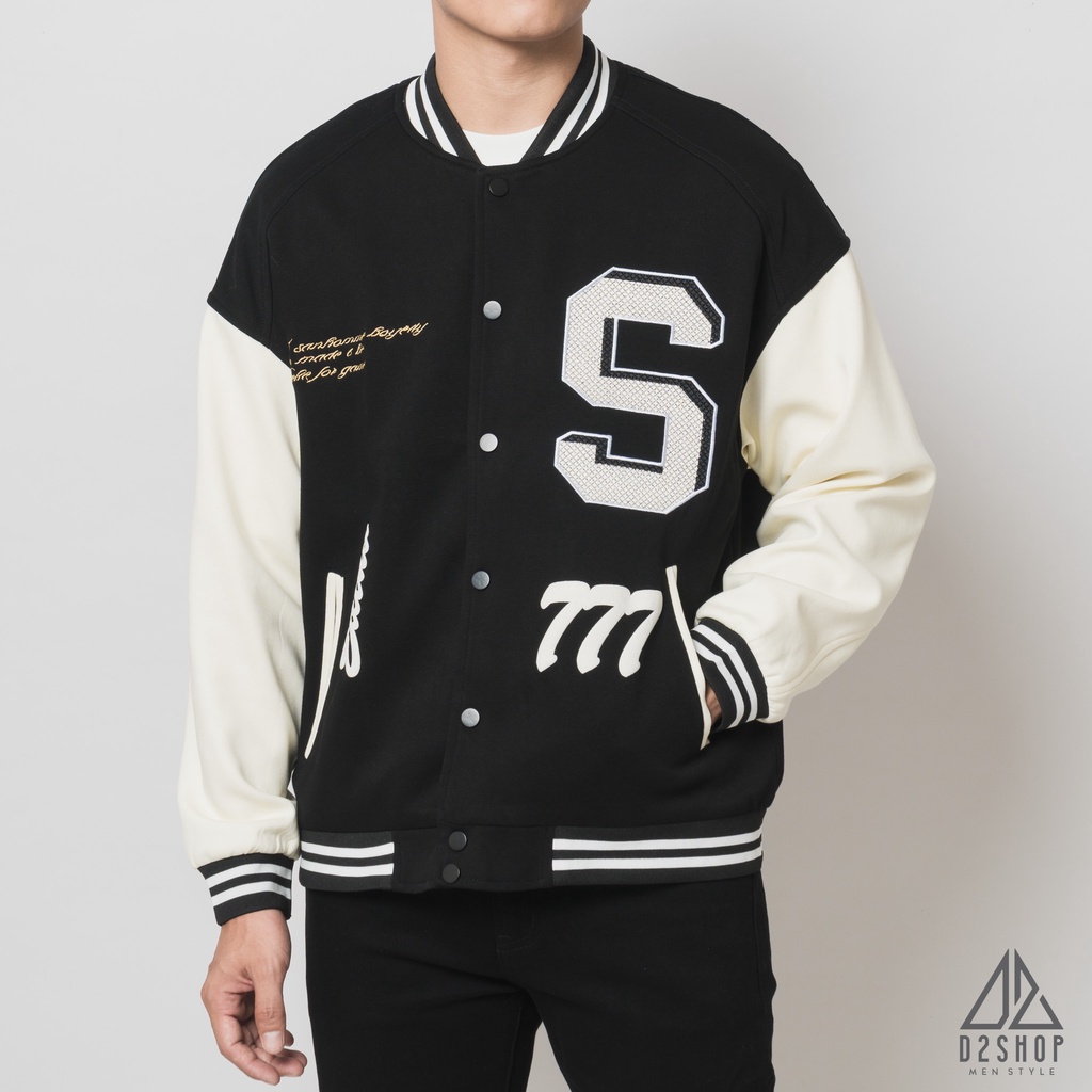 Áo khoác nam D2shop, áo khoác bomber nam phối tay, in lưng S777, màu đen