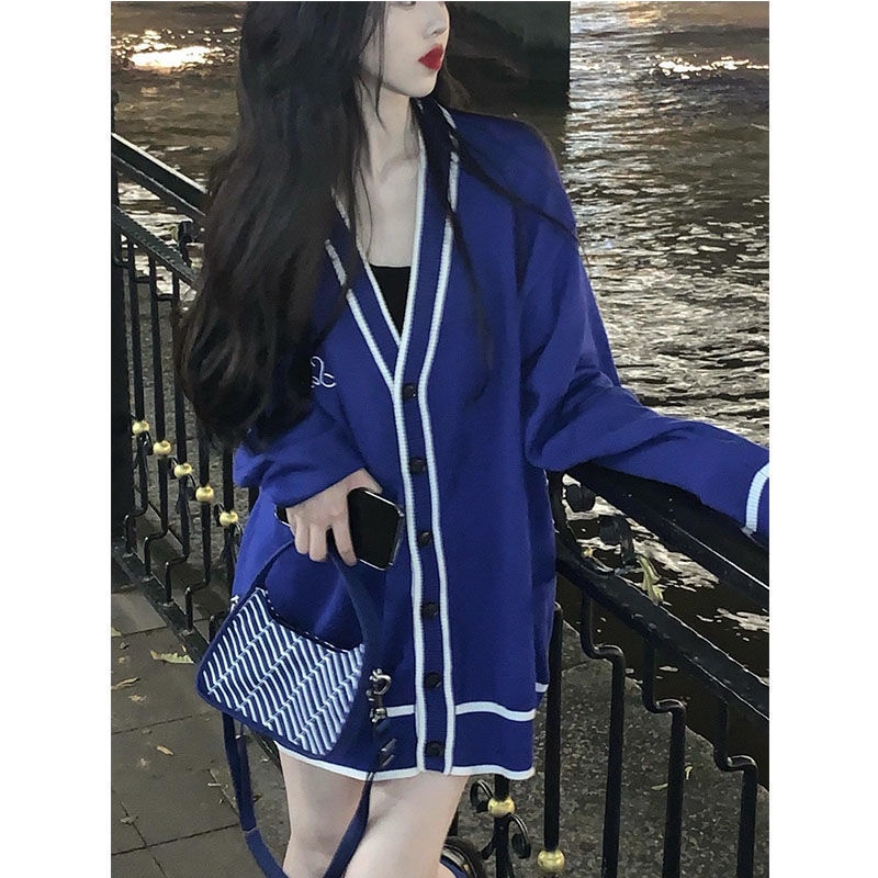Áo Khoác Cardigan Dệt Kim Cổ Chữ V Dáng Rộng Màu Xanh Dương Thời Trang Xuân Thu Đông Phong Cách Retro Cho Nữ
