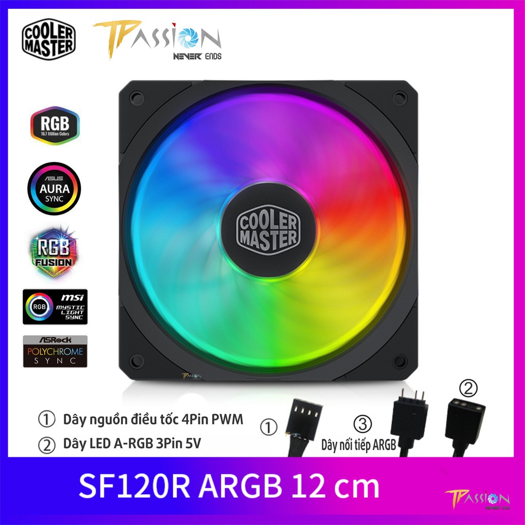 Quạt Fan Case 12cm Cooler Master MasterFan SF120R ARGB - Tốc độ 2000rpm mạnh mẽ, quay êm, PWM, LED ARGB đa màu rainbow