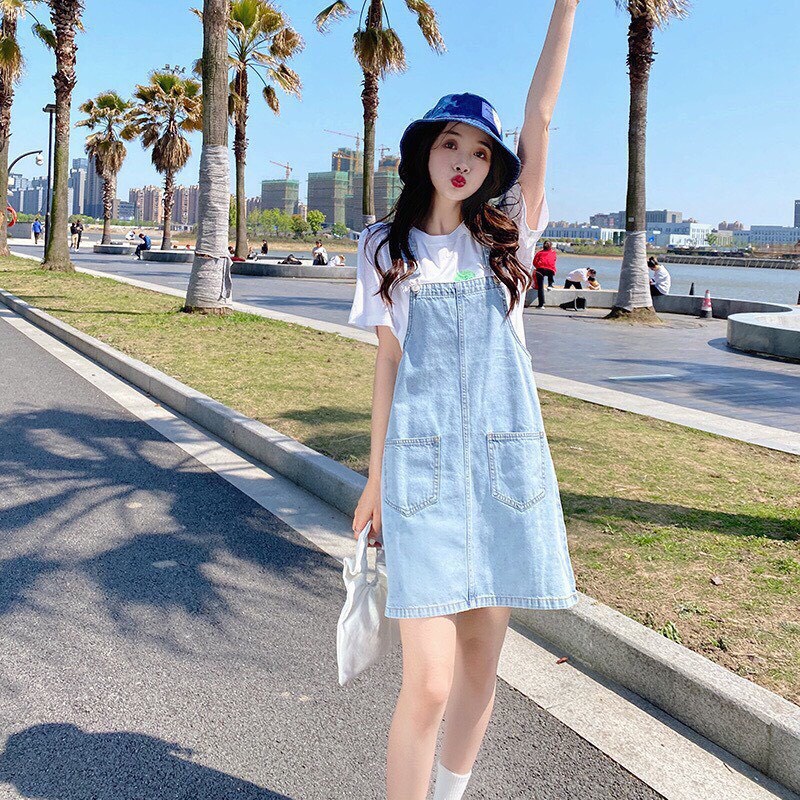 Yếm váy jean rộng 2 dây 2 túi trước phong cách Hàn Quốc cá tính - LTSTORE