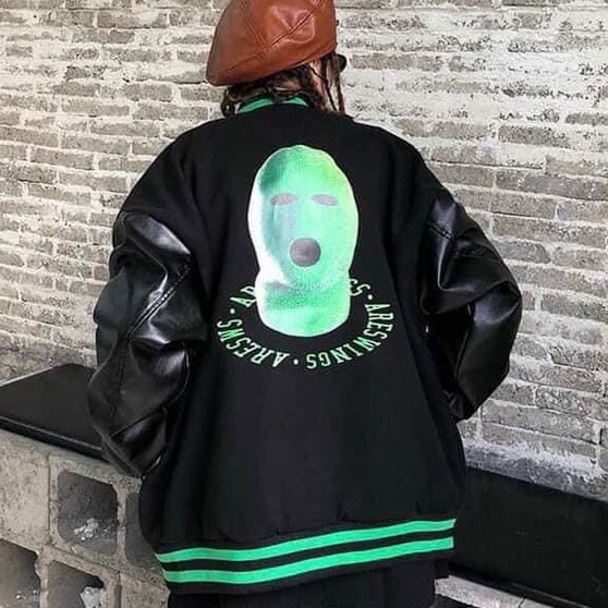 Áo khoác bomber đen phối tay da in chữ A Viền sọc xanh lá thể thao bóng chày from rộng UNISEX Chất nỉ hàn