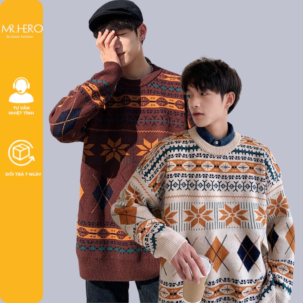 Áo len cổ tròn dài tay unisex họa tiết thổ cẩm vintage AL13 phong cách Hàn Quốc MrHero