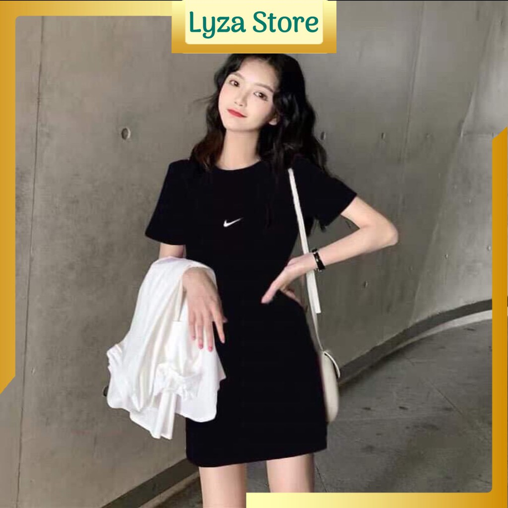 Váy suông nữ cộc tay in họa tiết NI vảy phom thụng ulzzang