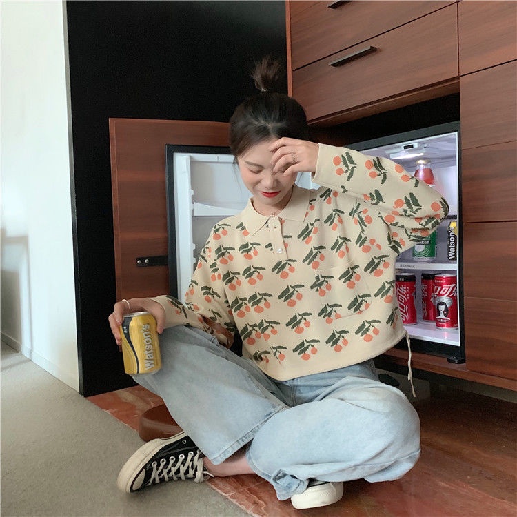 Áo Sweater Cổ Bẻ Rút Dây In Họa Tiết Cherry Dễ Thương Phong Cách Nhật Bản Thời Trang Mùa Đông Cho Nữ