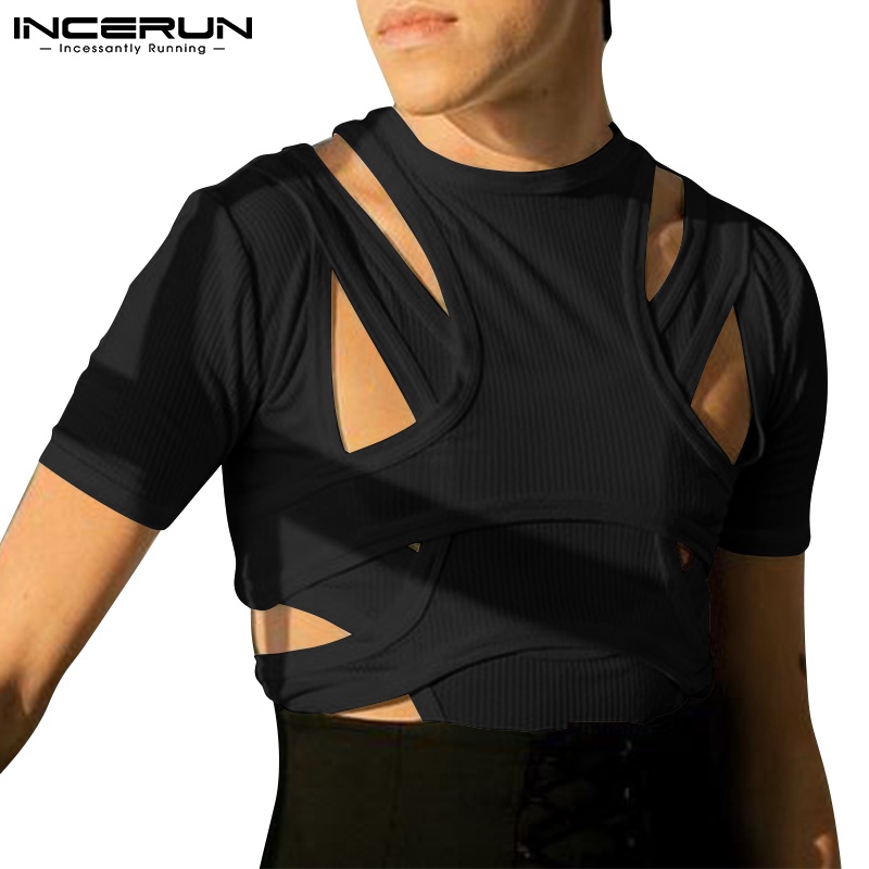 Áo thun INCERUN tay ngắn cổ tròn màu trơn đơn giản cho nam