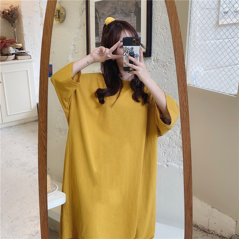 Đầm Thun Tay Ngắn Màu Trơn Thiết Kế Dáng Rộng Thoải Mái