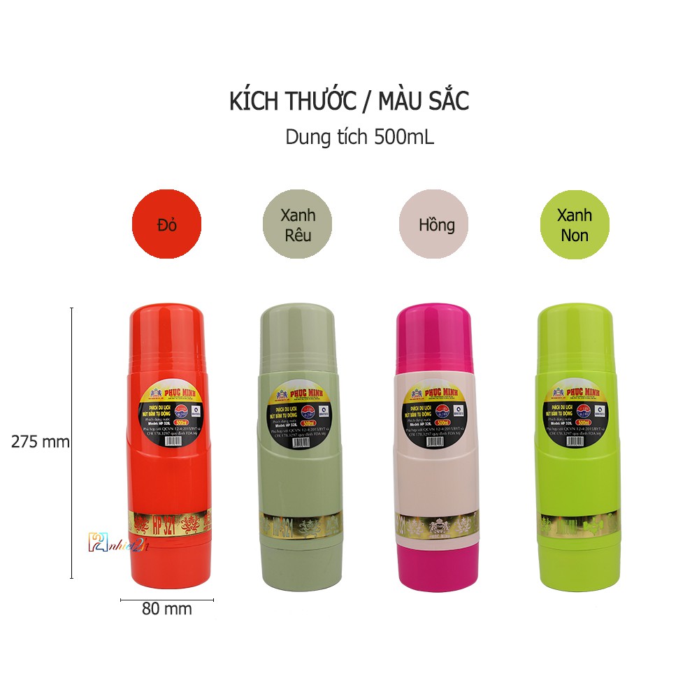Bình nước giữ nhiệt 500mL - Phích du lịch nút bấm tự động 500mL - HP 321L - Phúc Minh THP